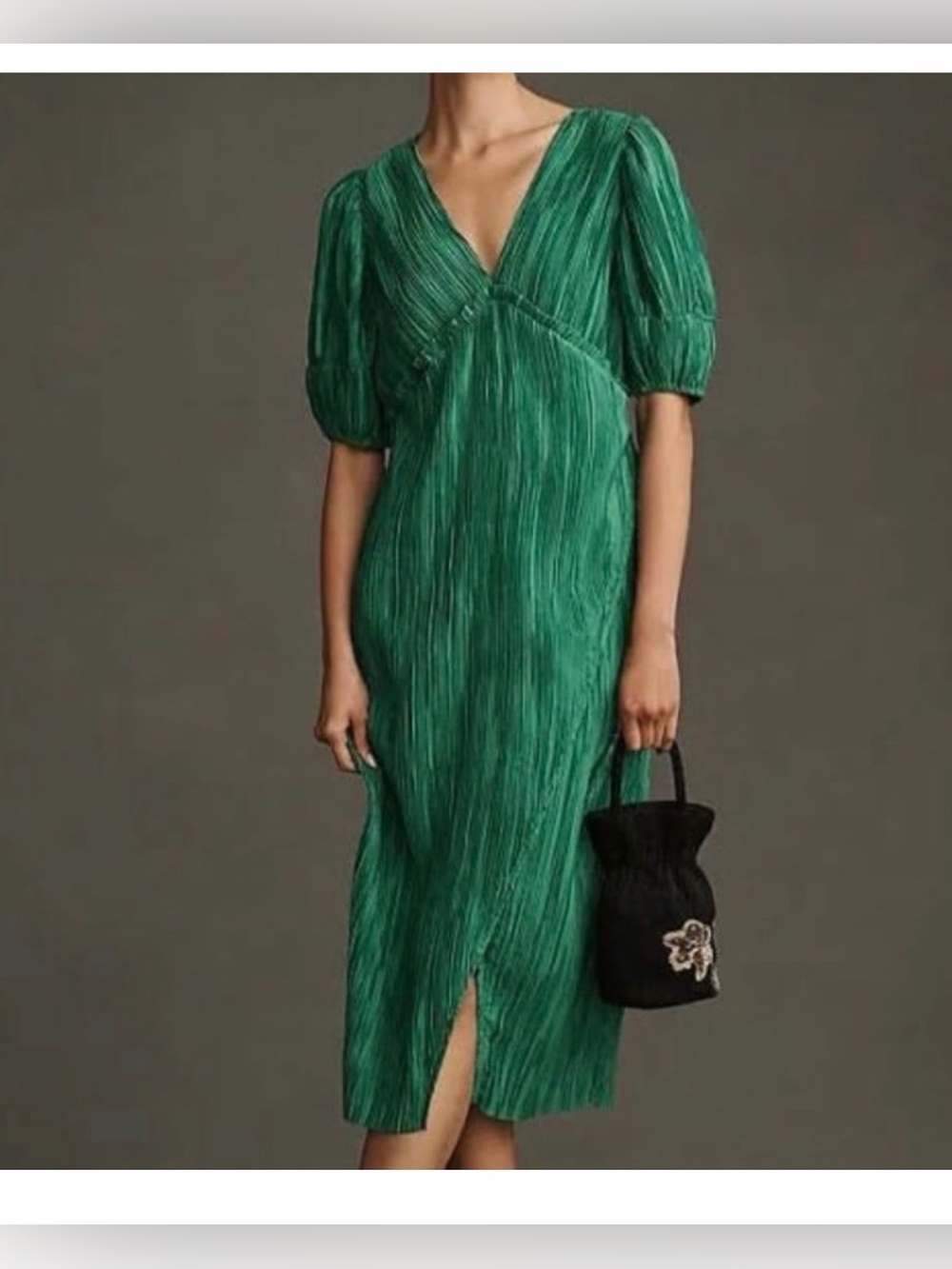 Anthropologie Emerald Green Pleated V-Neck Midi Dress